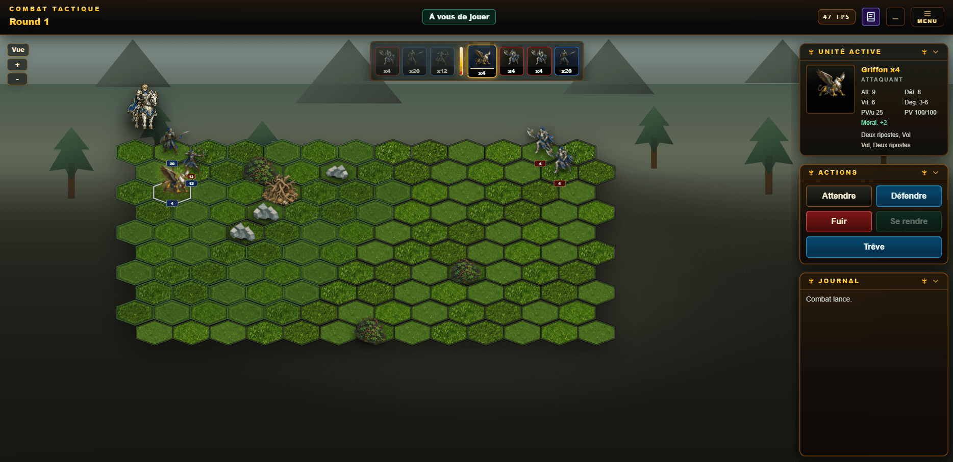 Capture de My Heroes montrant un combat tactique sur grille hexagonale.