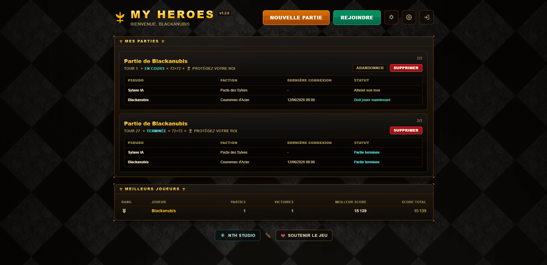 Capture de My Heroes montrant le tableau de bord des parties.